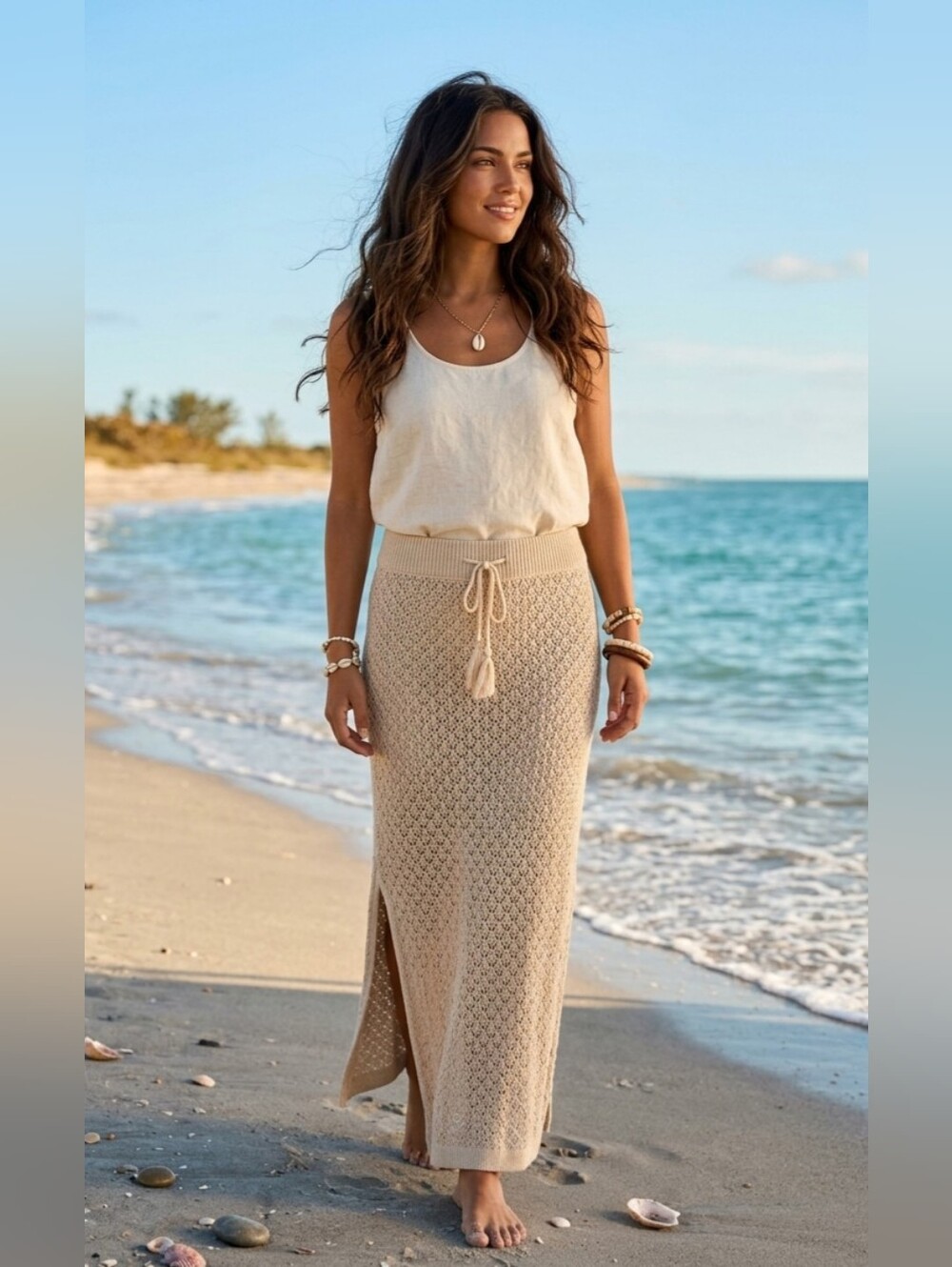 NWOT Hunter & Brown "Crochet Skirt w/Drawstring🎀 &  Right Side Slit" Tan Large